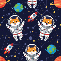 Cute Shiba Inu Astronauts in Space: Seamless Pattern for Kids' Products