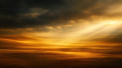A dramatic sky with golden light shining through dark clouds creating a beautiful and ethereal atmosphere