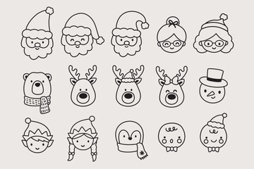 Cute Christmas character outline drawing vector illustration featuring Santa Claus, Mrs. Claus, reindeer, polar bears, snowmen, elves, penguins, and gingerbread men.