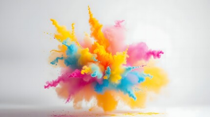Obraz premium Vibrant explosion of colorful powder creating an abstract cloud of yellow, pink, and blue smoke on a white background.