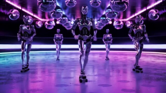 Futuristic Roller Disco with Dancing Robots and Neon Lights, a Synthwave Vibe, Technology and