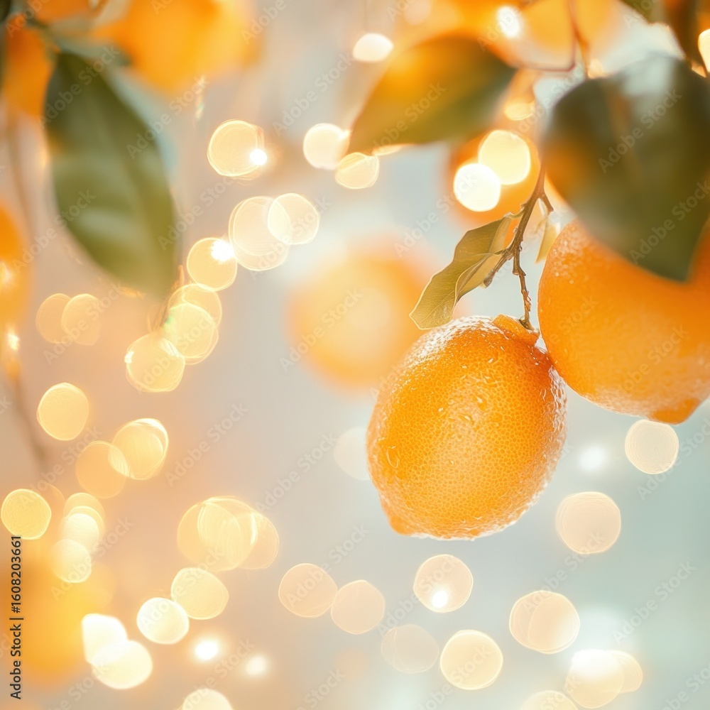 Poster close up of oranges hanging from a branch with leaves and blurred bokeh lights in the background