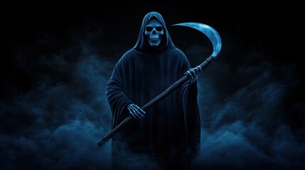 Mysterious figure of the Grim Reaper in a dark atmosphere