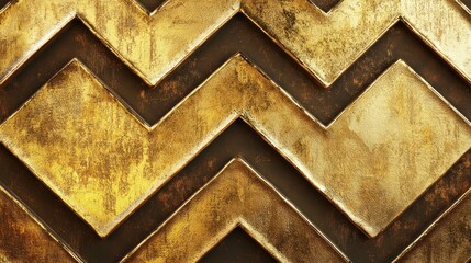 Close up of a golden chevron pattern with a textured surface and dark brown background elements visible