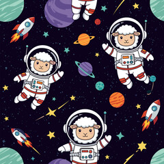 Adorable sheep astronauts in space: seamless pattern for kids' products, textile, and wallpaper.