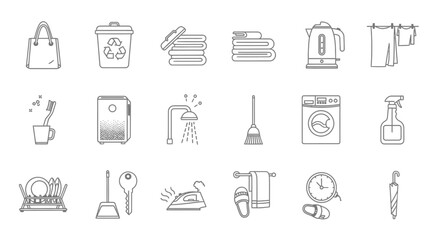 Fototapeta premium A collection of household icons, including a shopping bag, recycling bin, towels, kettle, toothbrush, shower, and other domestic objects.