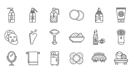 Fototapeta premium A collection of minimalist line icons depicting various beauty and skincare products and tools.