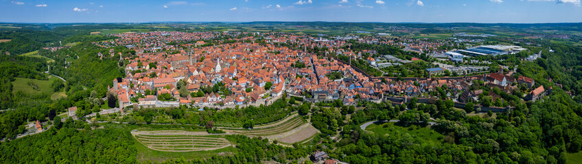 Aerial panoramic view around the city Rothenburg ob der Tauber in Germany on a sunny spring day