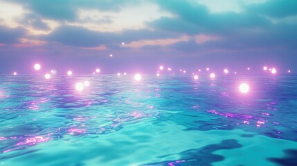 A shimmering expanse of water under a pastel sky dotted with glowing orbs creating a dreamlike scene