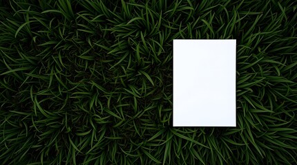 Pristine White Blank Card Mockup Resting on Lush, Verdant Green Grass, Offering Elegant Copy Space for Natural and Eco-Conscious Branding or Design Projects