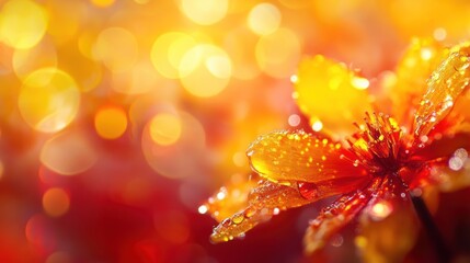 A close up shot of a vibrant orange and yellow flower with water droplets against a bokeh background
