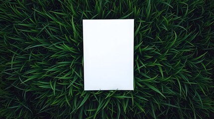 Blank white paper card mockup on a bed of fresh green grass. Top view with copy space for text or design.