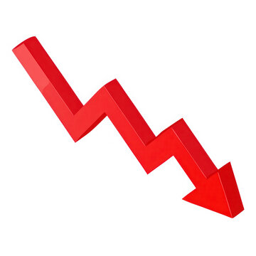 Red downward trend arrow isolated on transparent background