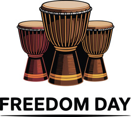 Three djembe drums arranged together with the words freedom day below silhouette
