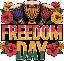 Vibrant freedom day celebration with djembe drums and tropical flowers silhouette