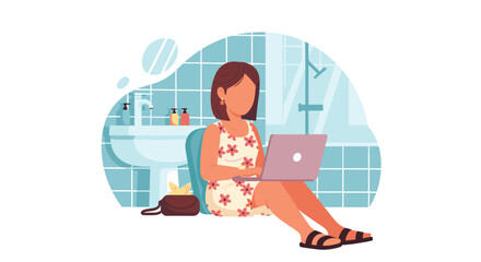 Woman working on laptop in bathroom, perfect for blog post or website about remote work.