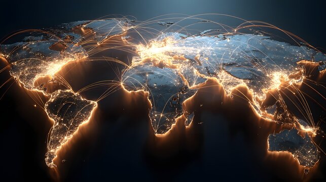 A glowing world map showing a global network of connections, a concept for globalization, the internet, and international business.


