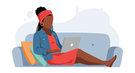 Relaxed Pregnant Woman Working on Laptop at Home, Ideal for Blogs and Websites about Pregnancy and Work-Life Balance.