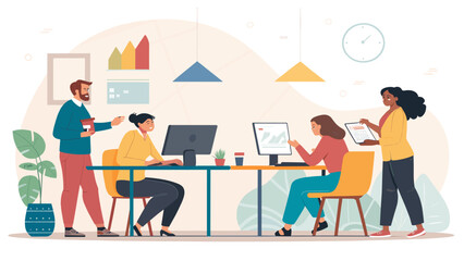 Diverse team collaborating in a modern office, perfect for website banners or business presentations.