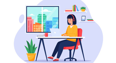 Young woman working from home on laptop, perfect for website banners or blog posts about remote work.