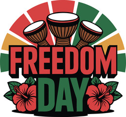 Vibrant freedom day celebration with drums and hibiscus flowers silhouette