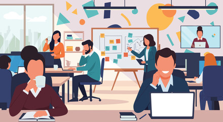 Busy Coworkers in a Modern Office: Illustration for Landing Pages and Brochures