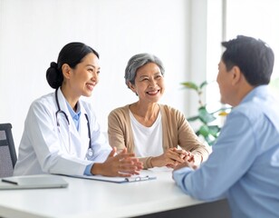 Fototapeta premium Senior Couple Consulting with Female Doctor in Medical Office