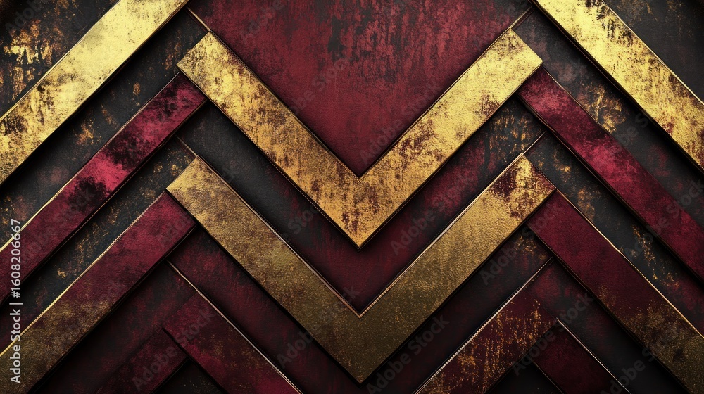 Poster abstract background with gold and burgundy chevron pattern and textured surface design element