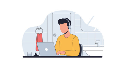 Man working on laptop in bathroom, perfect for articles about remote work, work-life balance, or flexible schedules.