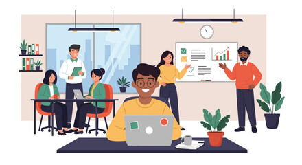 Diverse team collaborating in a modern office, perfect for website banners or business presentations.