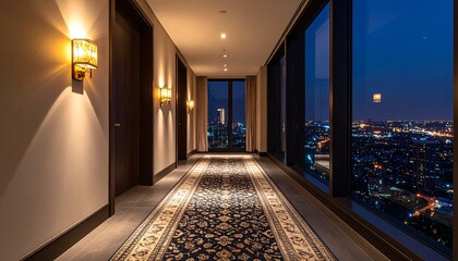 Luxury hotel hallway with city views at night
