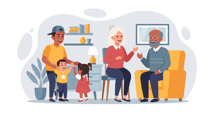 Happy multigenerational family interacting at home, perfect for family, wellbeing, and togetherness concepts.