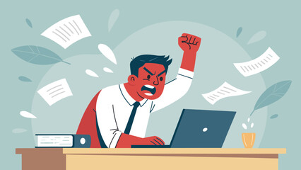 Angry businessman at his desk throwing papers, illustration for articles about stress, anger management, or workplace frustration.