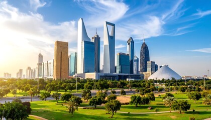 Fototapeta premium Modern cityscape panorama, featuring a vibrant skyline of high-rise buildings against a clear, sunny sky, with a park foreground