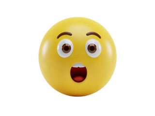 Fototapeta premium A bright yellow 3d emoji face with wide open eyes and mouth expressing surprise or shock isolated on transparent background
