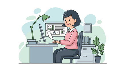 Senior woman working on computer, office illustration for website or brochure.