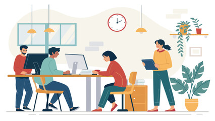 Teamwork in a modern office: Diverse group of professionals collaborating on projects, ideal for presentations or website banners.