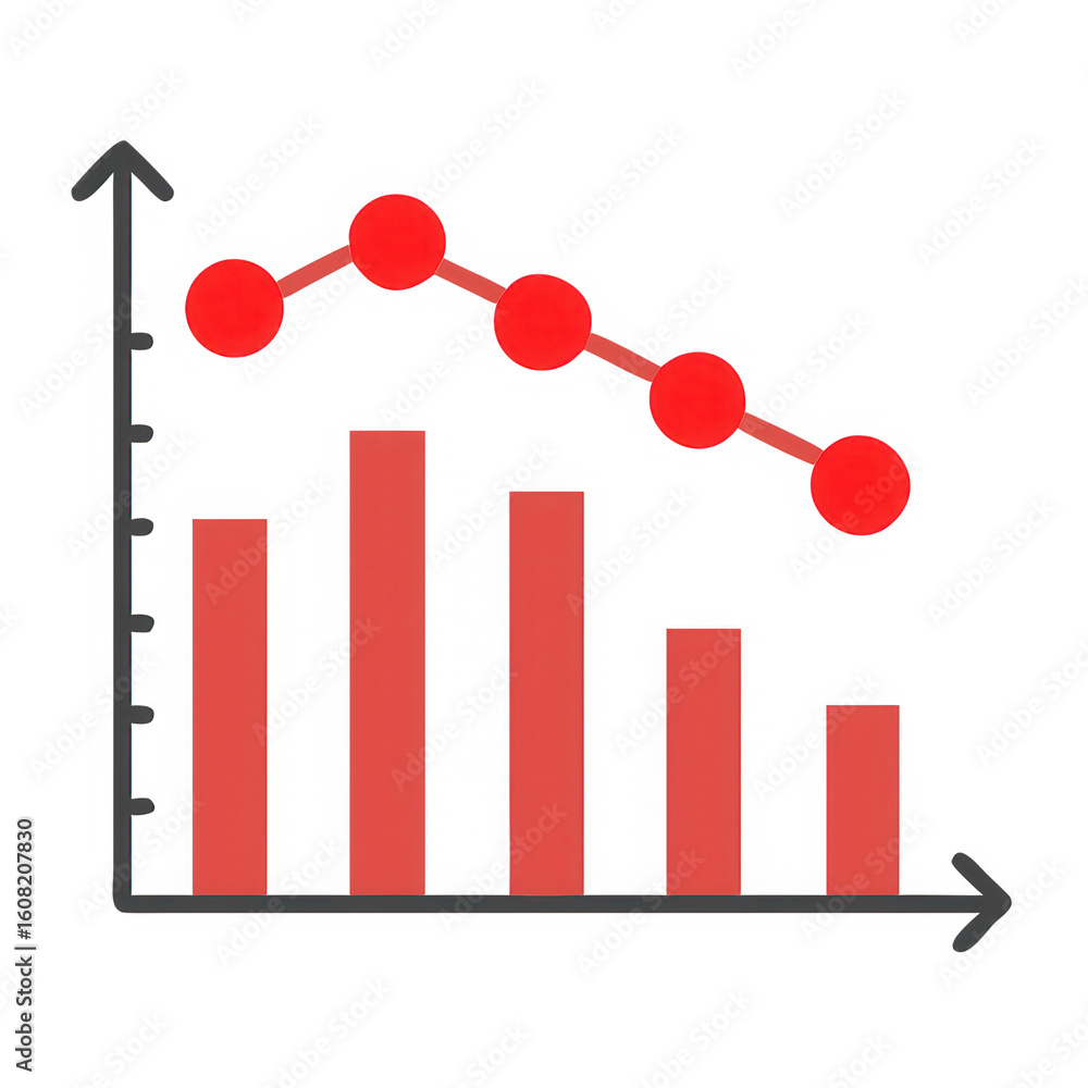 Poster red downward trend line graph and bar chart isolated on transparent background