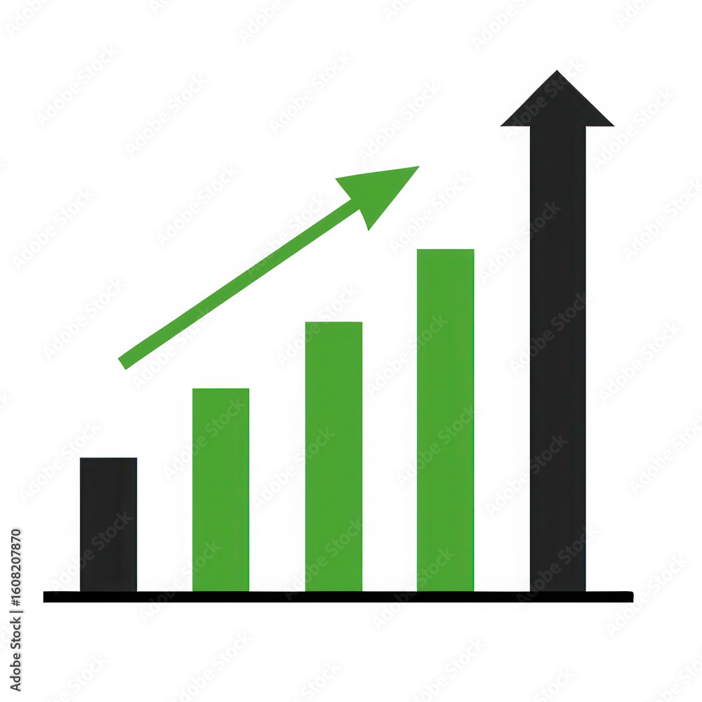 Poster green bar graph showing upward trend with arrow isolated on transparent background