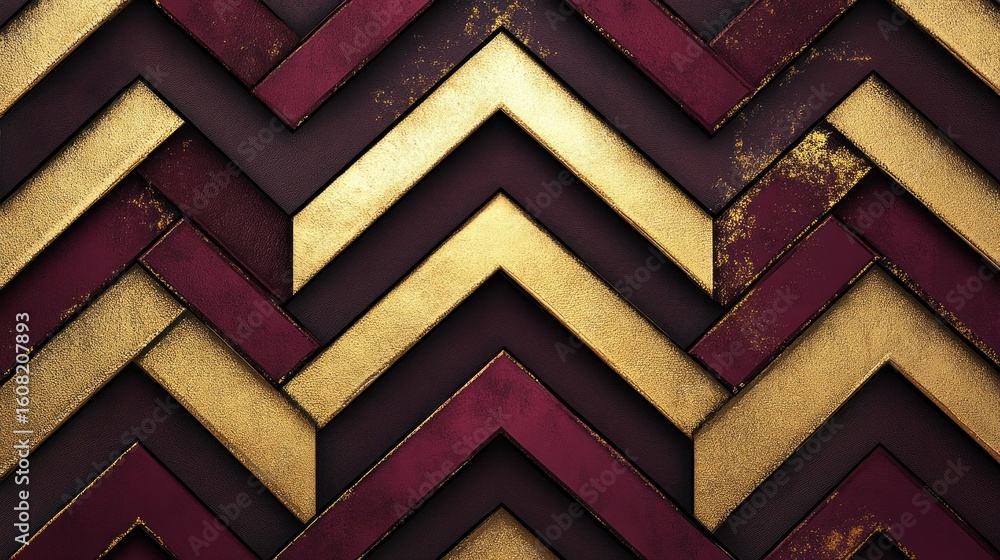 Aufkleber a repeating pattern of gold and burgundy chevron shapes on a dark background with a textured appeara