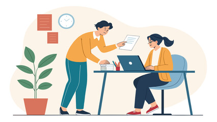 Two colleagues collaborating on a project, perfect for illustrating teamwork and productivity in a business context.