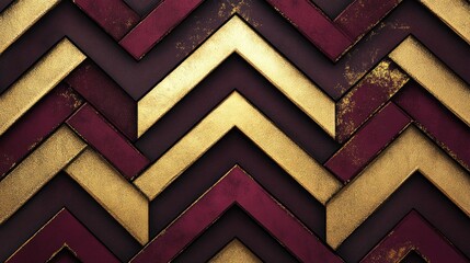 A repeating pattern of gold and burgundy chevron shapes on a dark background with a textured appearance