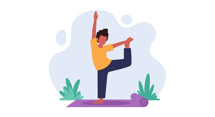 Person practicing yoga, Natarajasana pose, vector illustration, perfect for wellness websites and brochures.