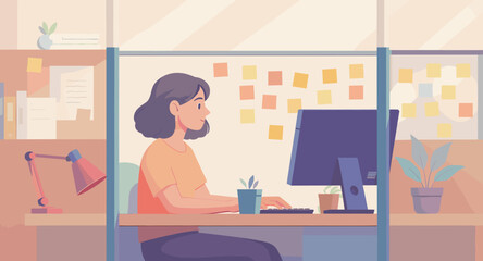 Woman working at computer in modern office, perfect for website landing pages or brochures.