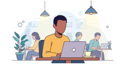 Diverse team working on laptops in a modern co-working space; ideal for website banners, brochures, or marketing materials.