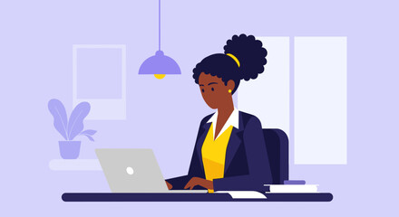 African American businesswoman working on laptop, perfect for websites, brochures, and presentations on business and technology.