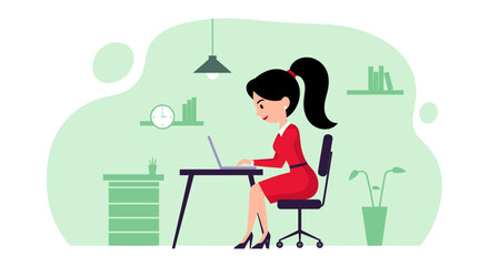 Businesswoman working on laptop in modern office - perfect for website banners, presentations, and marketing materials.