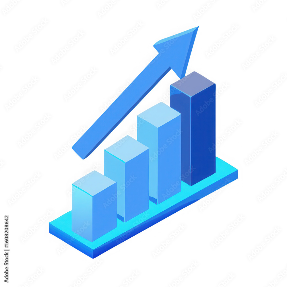 Poster blue bar chart with upward arrow isolated on transparent background