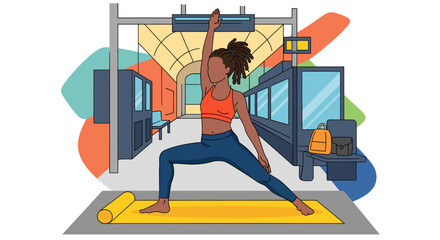 Woman doing yoga at a train station - perfect for articles about wellness, mindfulness, or commuting.