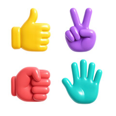 Obraz premium Four 3D Plastic Icon Style Hands Performing Various Gestures against Transparent Background
